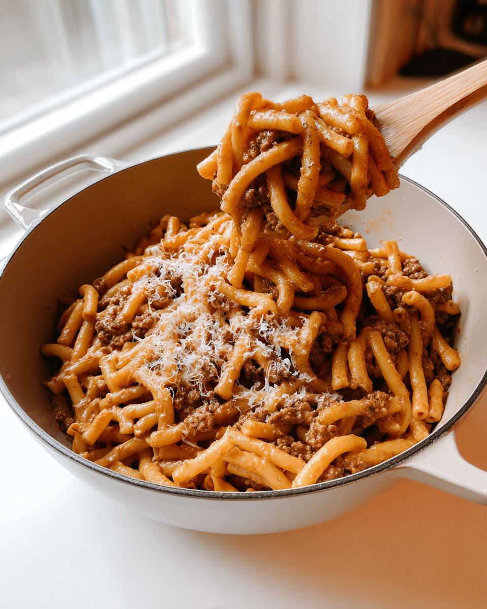 A wooden spoon lifting a generous portion of pasta with meat sauce from a pot, sprinkled with grated cheese. One of 20 Genius Pasta Recipes Ideas for Busy Weeknights.
