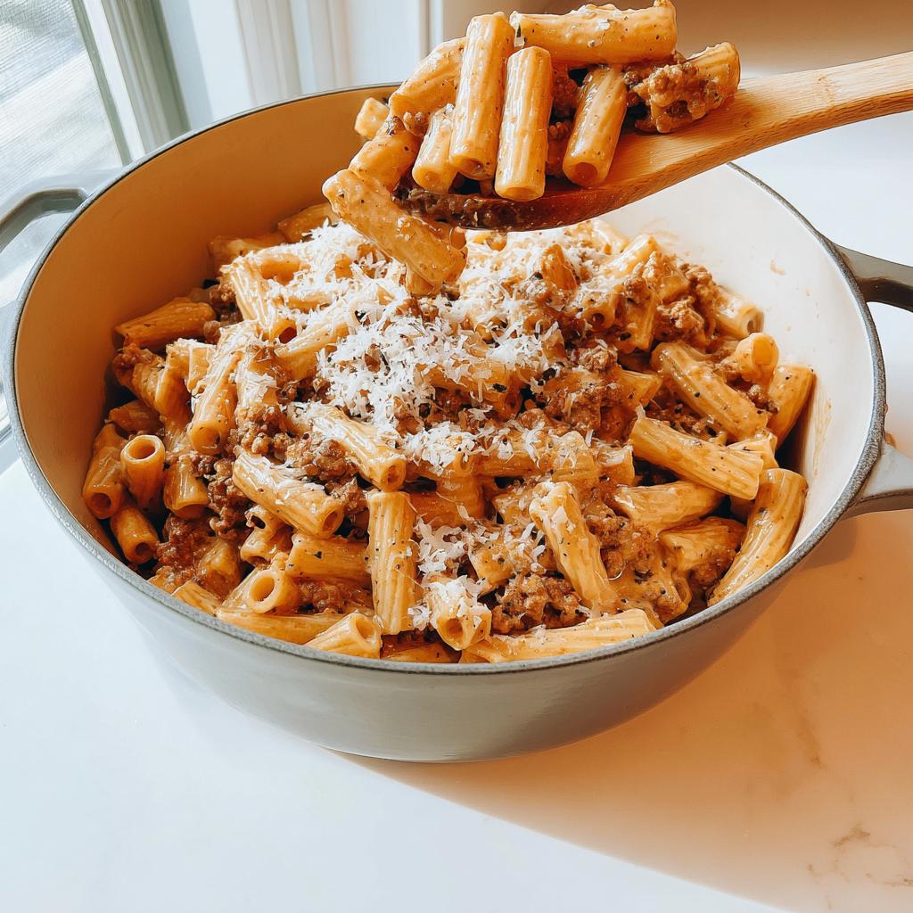A wooden spoon lifts a generous portion of rigatoni pasta with meat sauce and grated cheese from a pot.