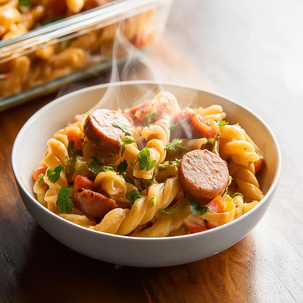 A steaming bowl of fusilli pasta with sliced sausage and fresh parsley, part of a one-pot pasta meal prep.