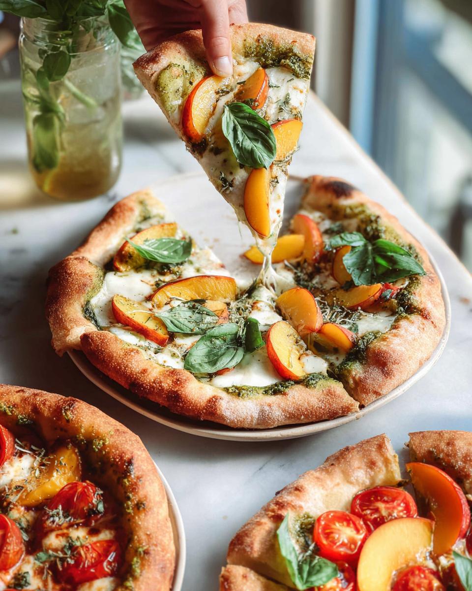 A hand lifts a slice of peach and basil pesto pizza, showing melted cheese and fresh basil leaves.