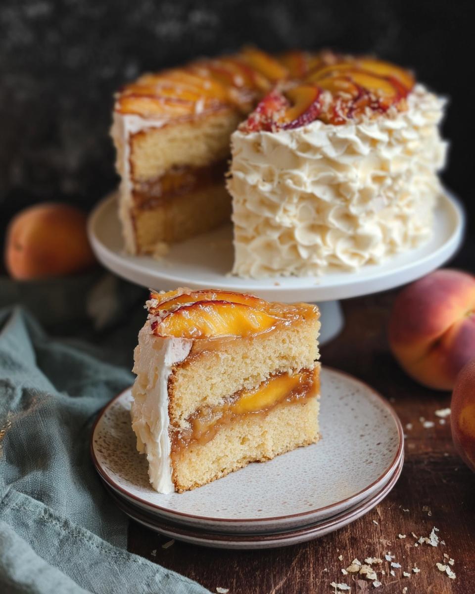 A slice of delicious peach cake with layers of sponge, peach filling, and white frosting, topped with fresh peach slices.