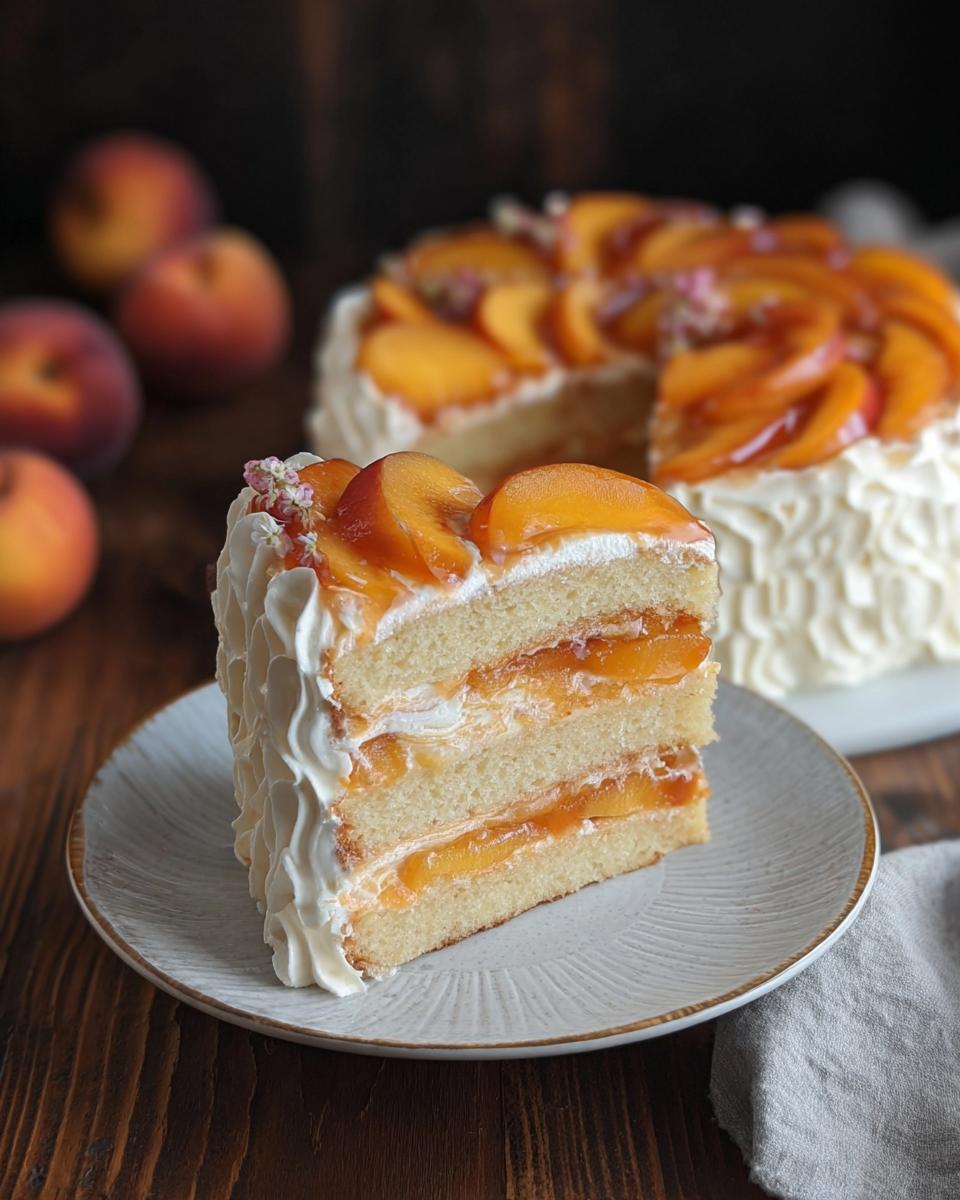 A slice of delicious peach cake with layers of sponge, cream, and fresh peaches, part of The Ultimate Cake Ideas Recipes Guide for Beginners.