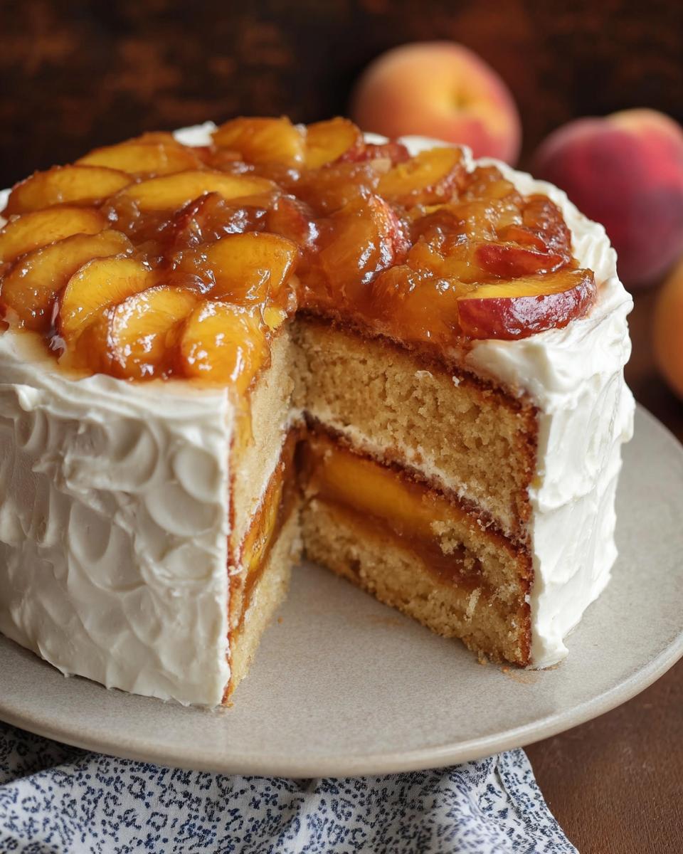 A slice of delicious peach cake with white frosting and layers of peach filling, part of cake ideas recipes for beginners.