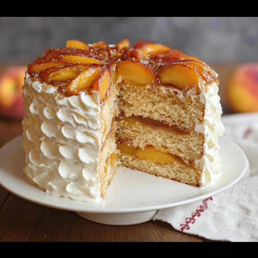 A slice of a multi-layered peach cake with whipped cream frosting and glazed peaches on top. Part of The Ultimate Cake Ideas Recipes Guide for Beginners.