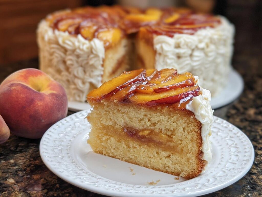 A slice of delicious peach cake with creamy frosting and glazed peach slices on top, part of The Ultimate Cake Ideas Recipes Guide for Beginners.