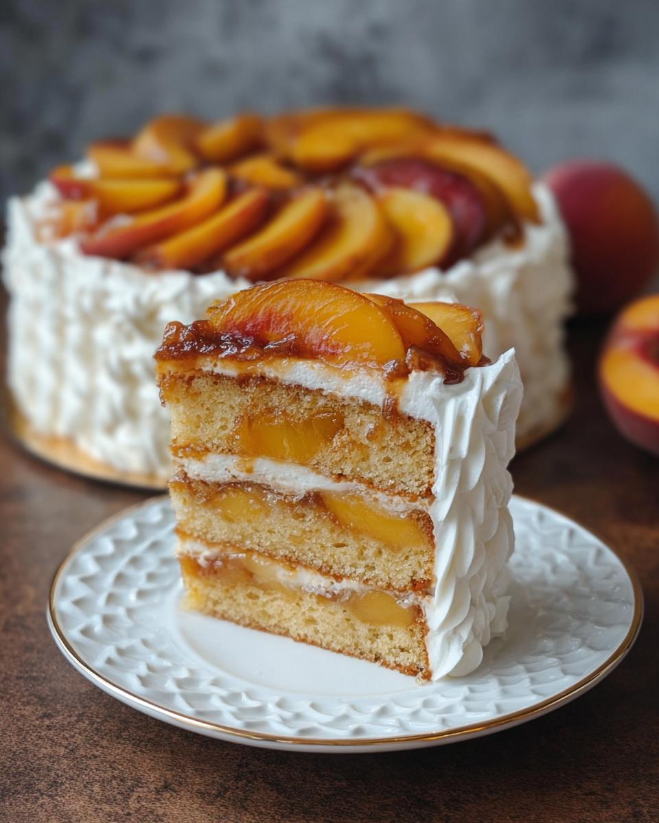 A slice of delicious peach layer cake, showcasing fluffy cake layers, creamy frosting, and fresh peach slices.