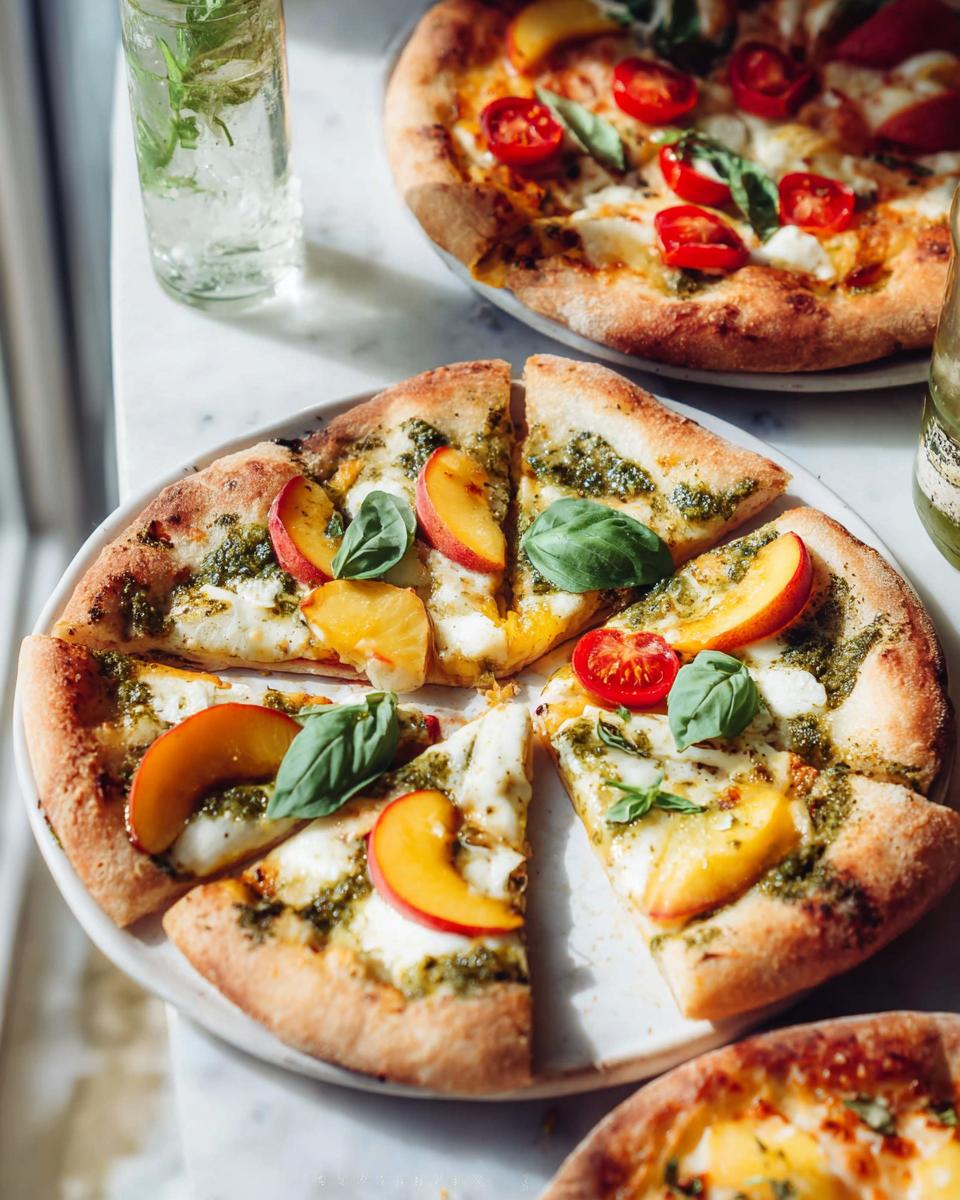 Close-up of a sliced pizza with pesto, mozzarella, fresh peaches, and basil, perfect for pizza night recipes.