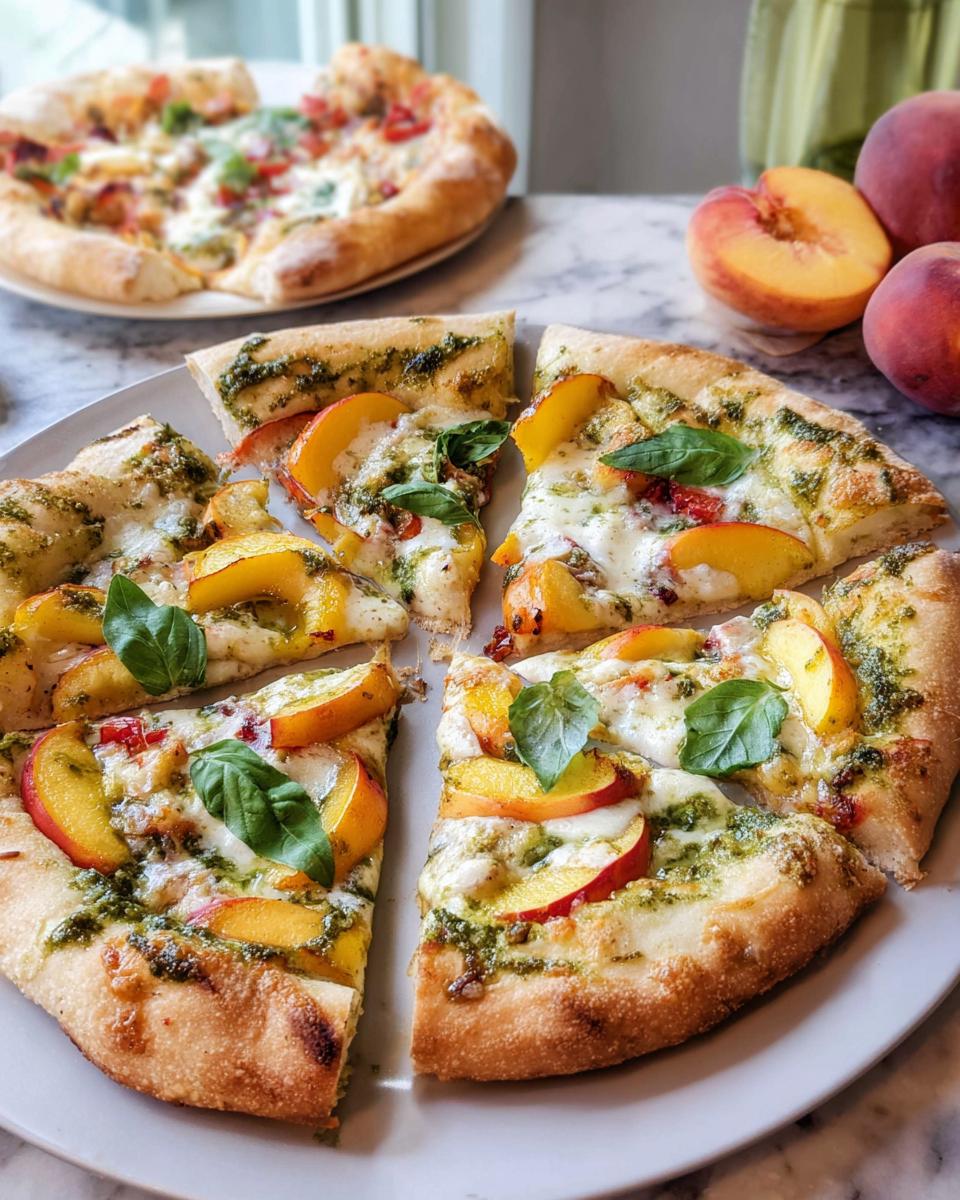 Close-up of a peach pesto pizza, sliced and ready to serve, with fresh basil and melted mozzarella.
