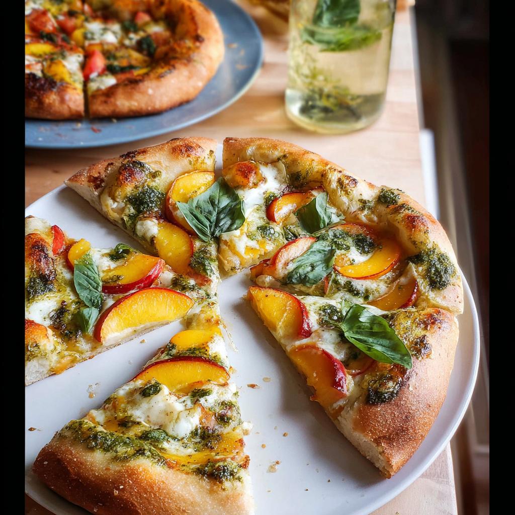 Close-up of a slice of homemade peach and pesto pizza, showcasing fresh basil and melted mozzarella.
