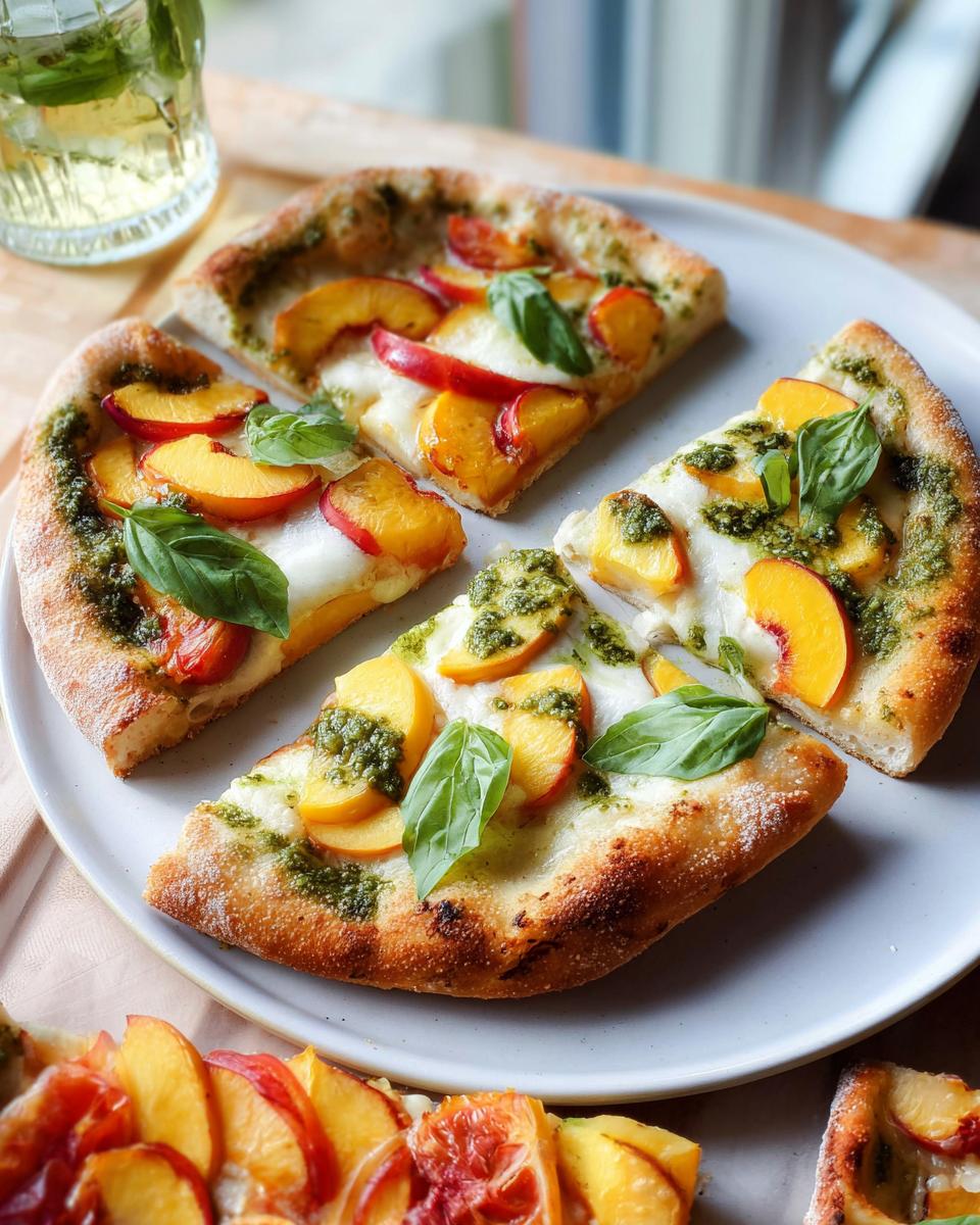 Close-up of gourmet peach and pesto pizza slices, topped with fresh basil, ready for pizza night.