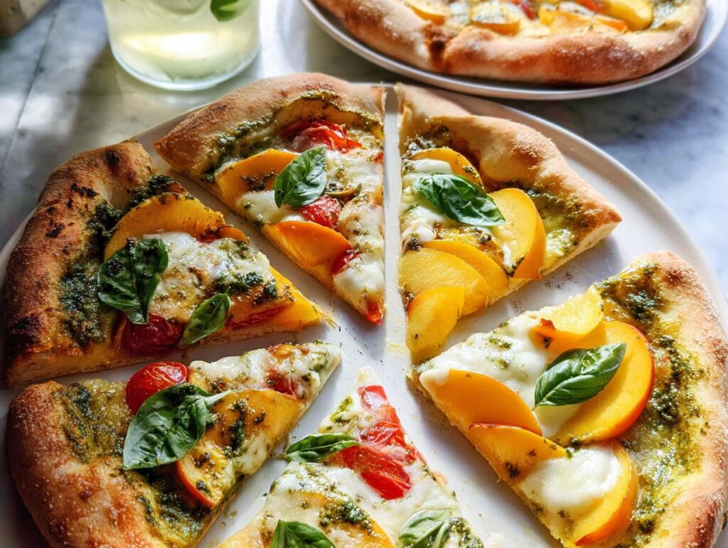 Slices of fresh peach and tomato pizza with pesto and basil, perfect for pizza night recipes.