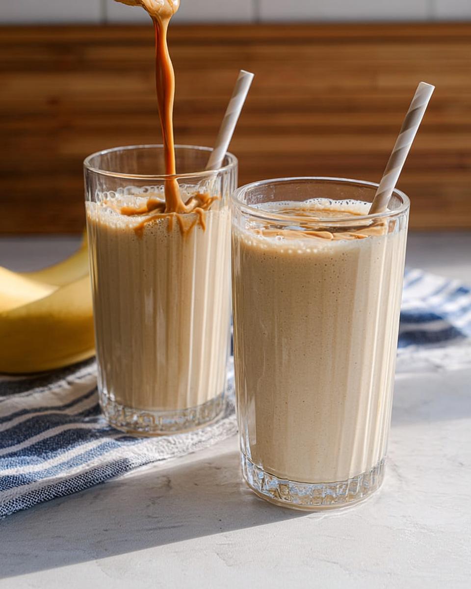 Two glasses of peanut butter banana smoothie, with peanut butter being drizzled into one.