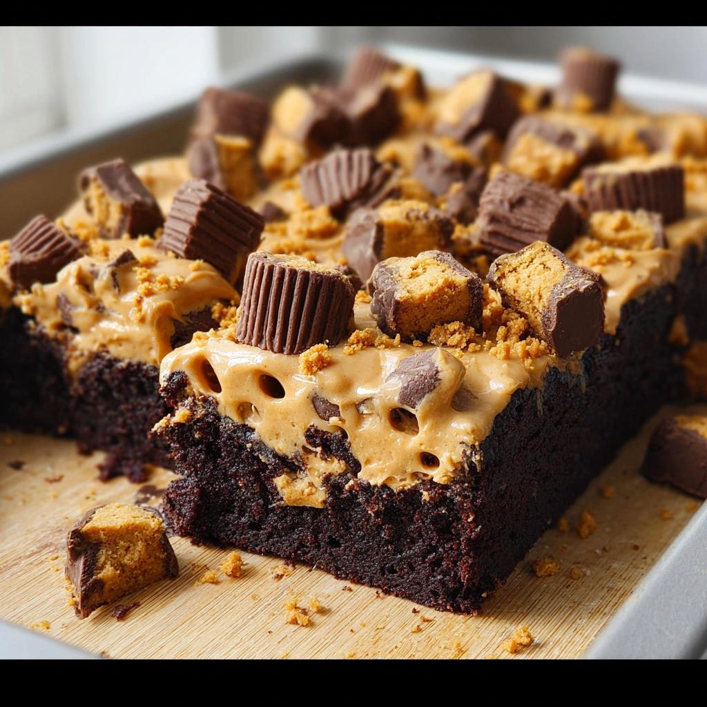 Close-up of rich chocolate cake with peanut butter frosting, topped with chopped peanut butter cups and cookie crumbs. A perfect cake idea recipe.