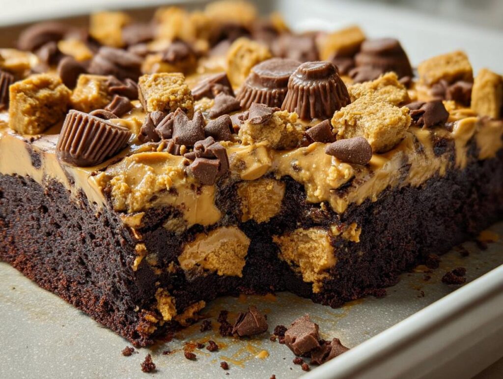 Close-up of a rich chocolate brownie cake topped with peanut butter frosting, chocolate chips, and peanut butter cup pieces.