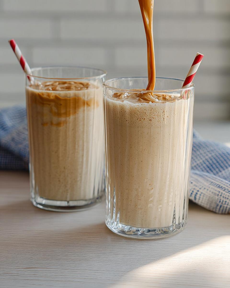 Two glasses of creamy peanut butter smoothie, one with a swirl of peanut butter on top, part of The Ultimate Breakfast Ideas Recipes Guide for Beginners.