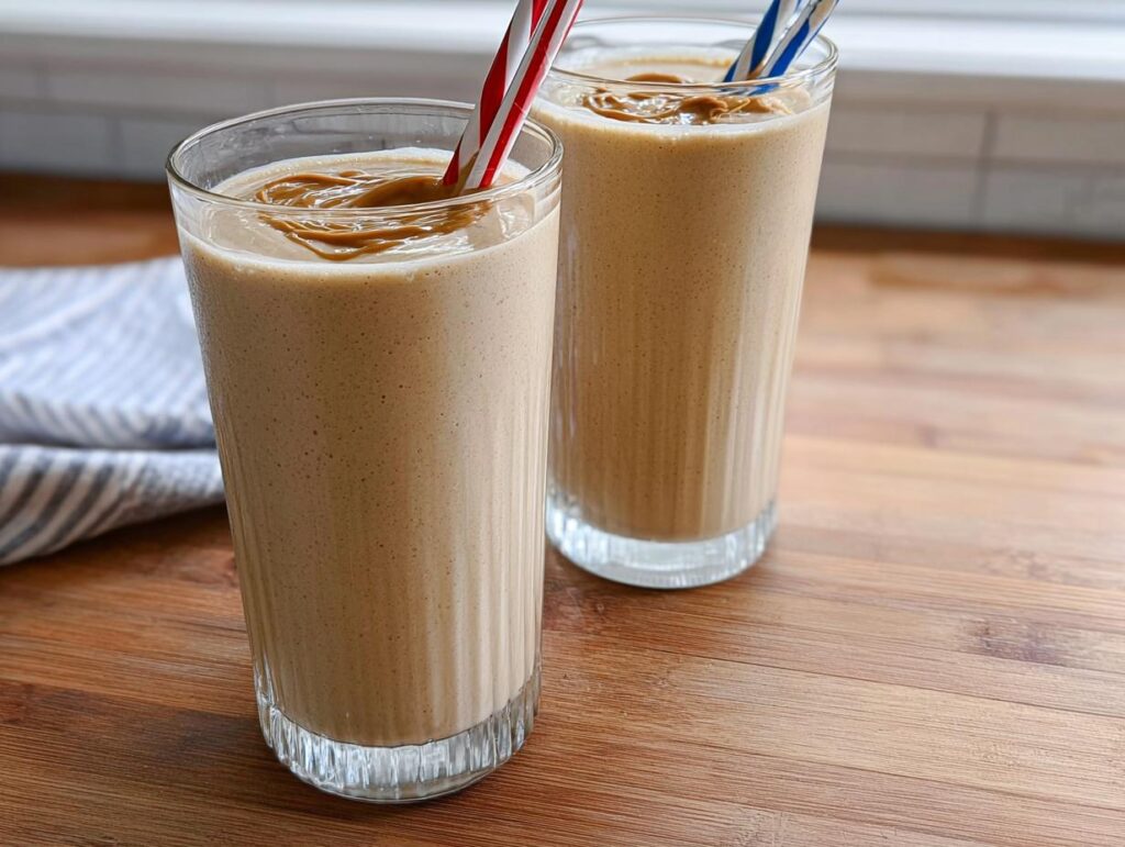 Two tall glasses filled with creamy peanut butter smoothies, topped with a swirl of peanut butter and striped straws. Part of our easy breakfast ideas.