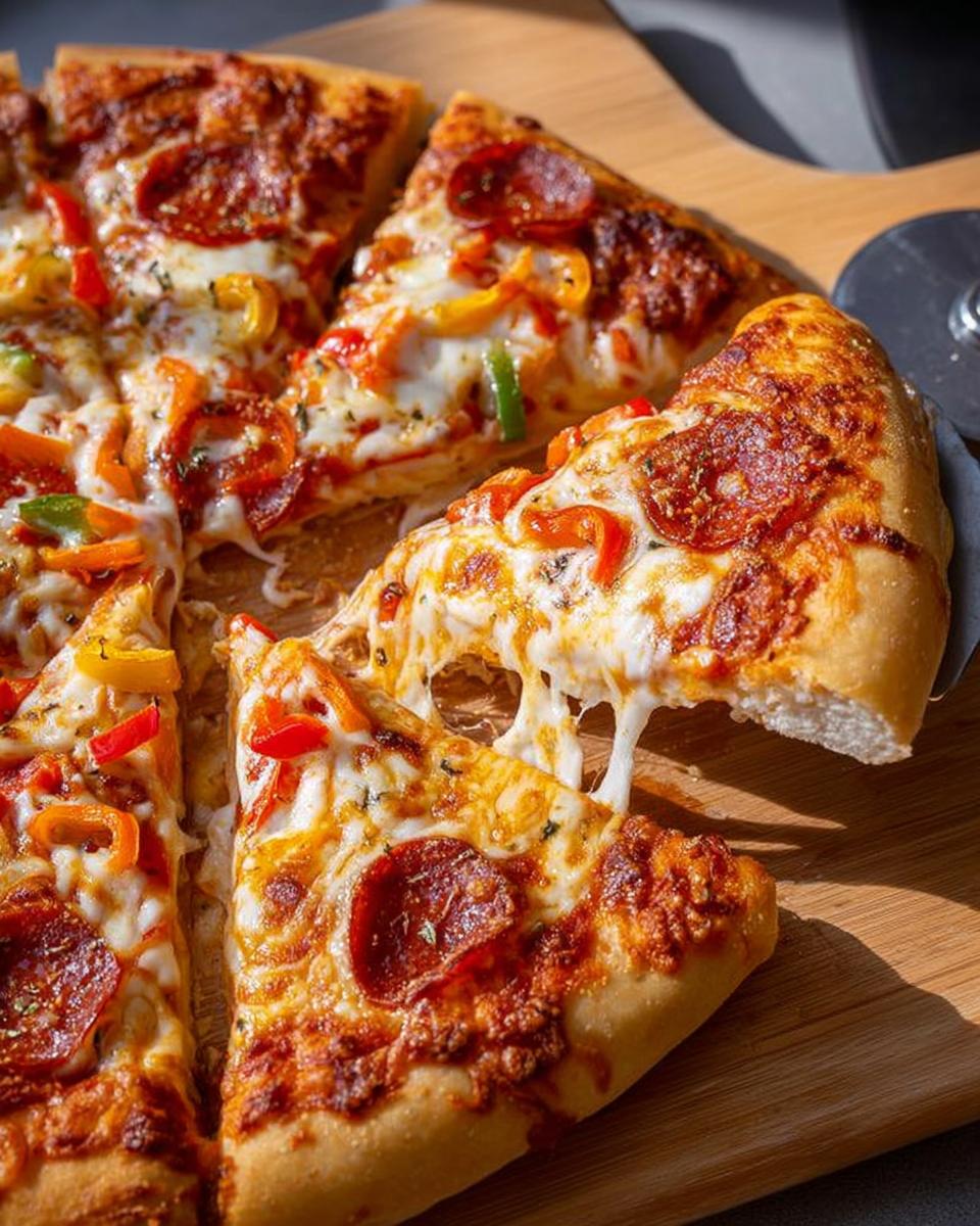 A slice of pepperoni and pepper pizza is lifted, showing melted cheese stretching.