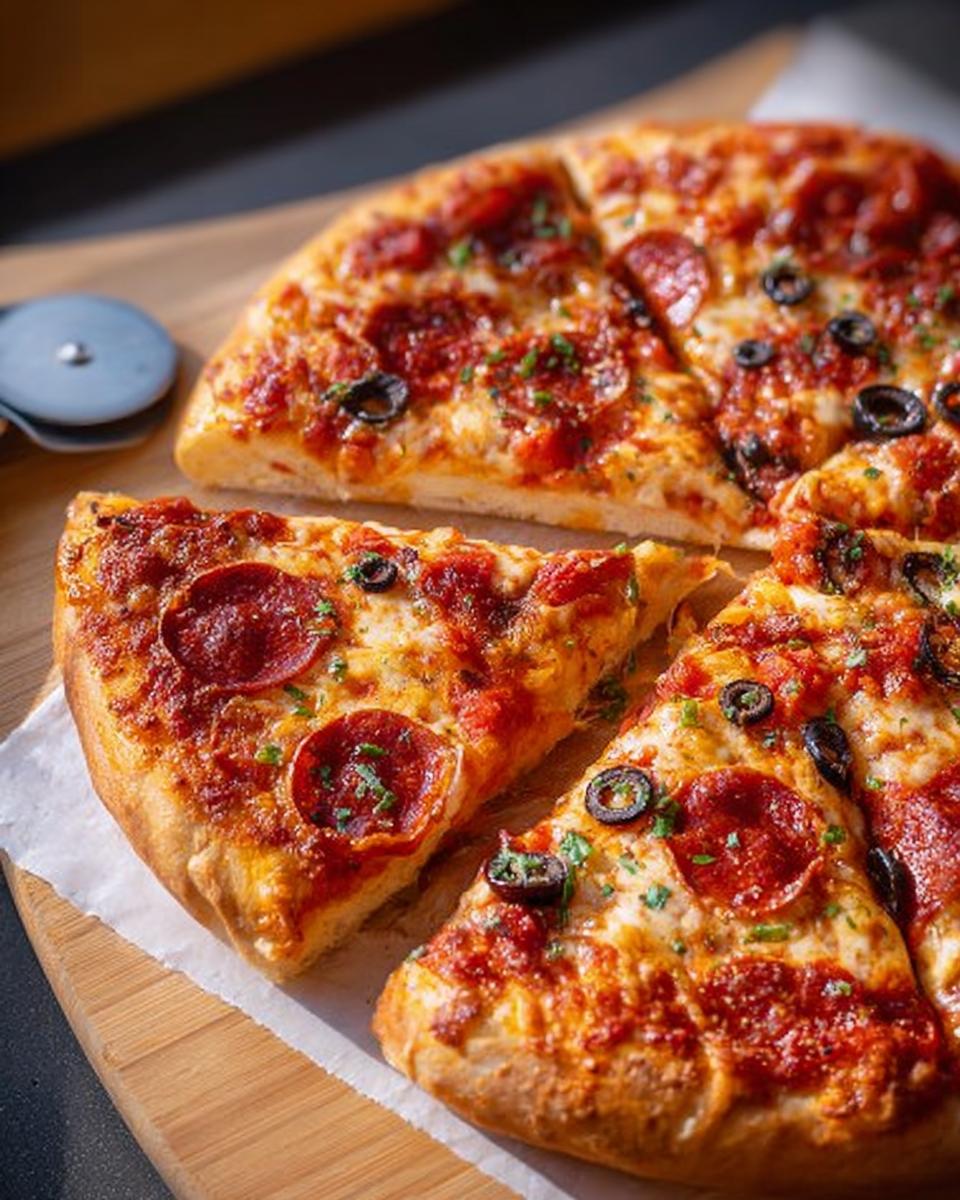 A delicious pepperoni pizza with olives, cut into slices, ready for pizza night.