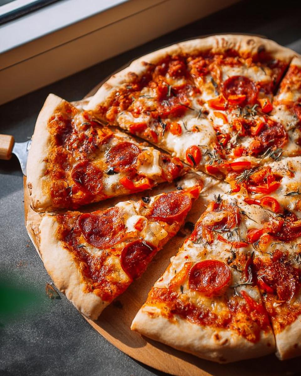 A delicious slice of pepperoni pizza with red peppers and herbs, perfect for pizza night.