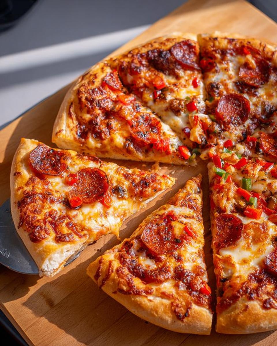 A delicious slice of pepperoni pizza with melted cheese and red peppers, perfect for pizza night.