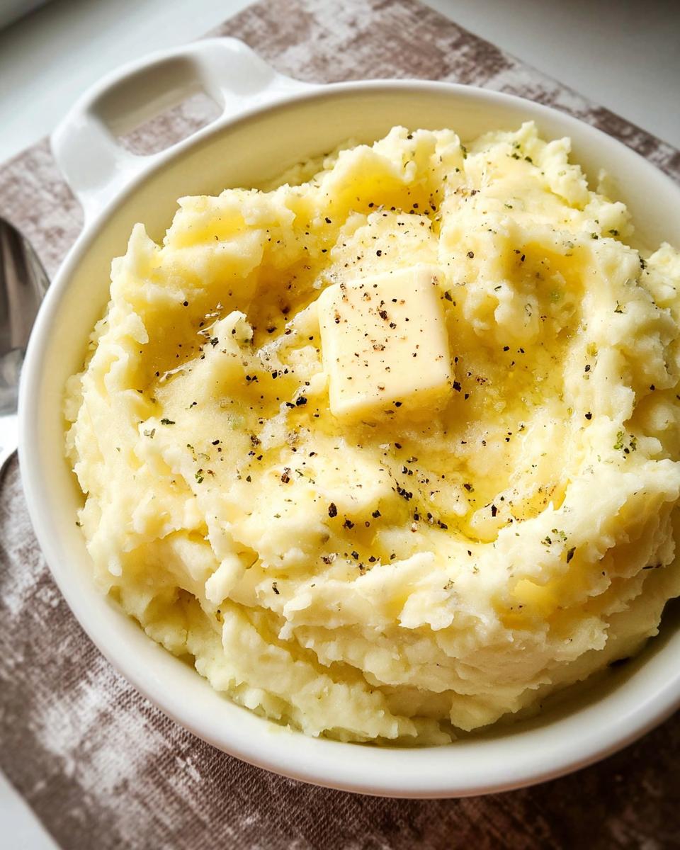 Close-up of fluffy mashed potatoes topped with a pat of melting butter and cracked black pepper.