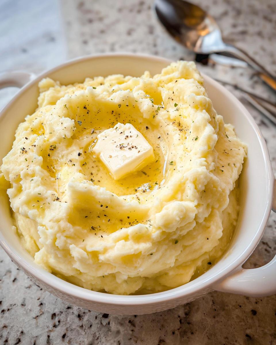 A close-up of creamy mashed potatoes topped with a melting pat of butter and sprinkled with herbs and pepper.