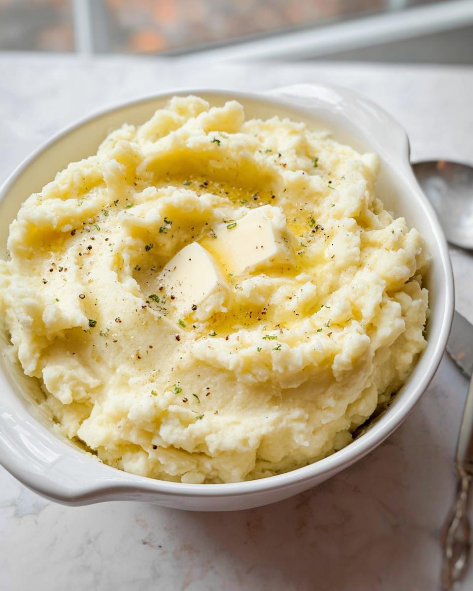 A bowl of creamy mashed potatoes topped with melting butter, black pepper, and herbs. Perfect mashed potatoes recipe.