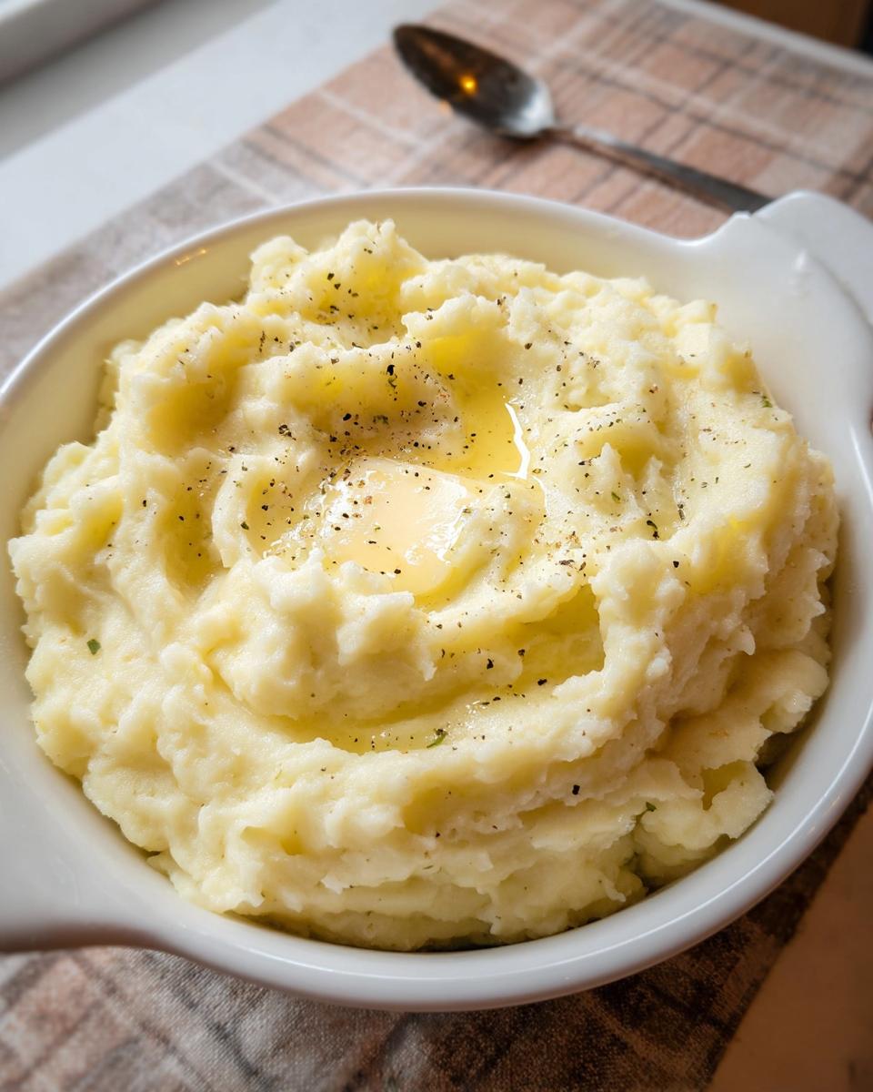 A close-up of a white bowl filled with creamy mashed potatoes, topped with melting butter and cracked black pepper. Perfect Mashed Potatoes Recipe.