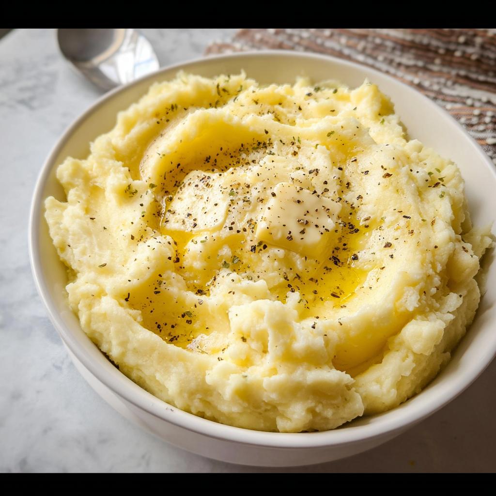 A close-up of a bowl of creamy mashed potatoes topped with melting butter, black pepper, and herbs.