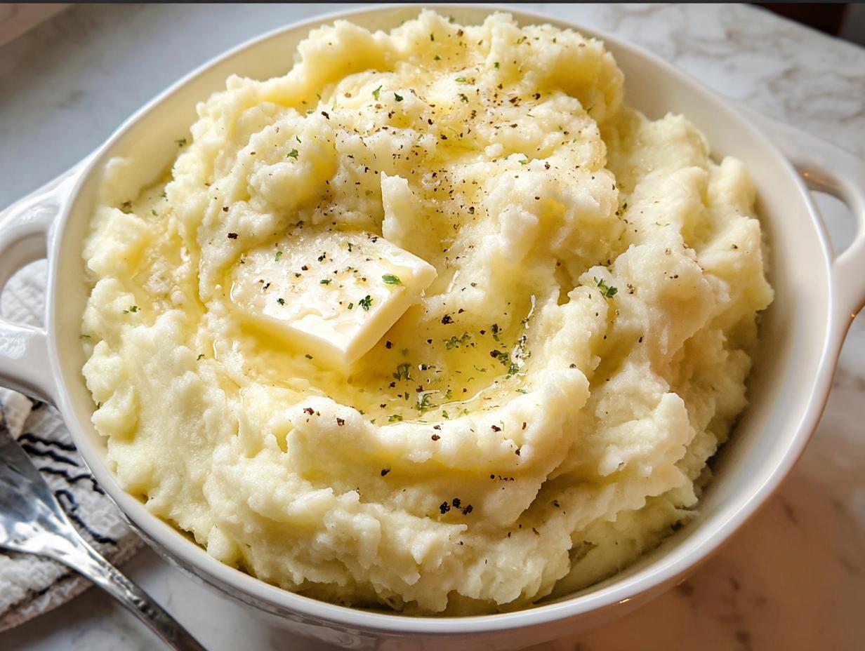 A bowl of fluffy mashed potatoes topped with a pat of butter and sprinkled with herbs and pepper.
