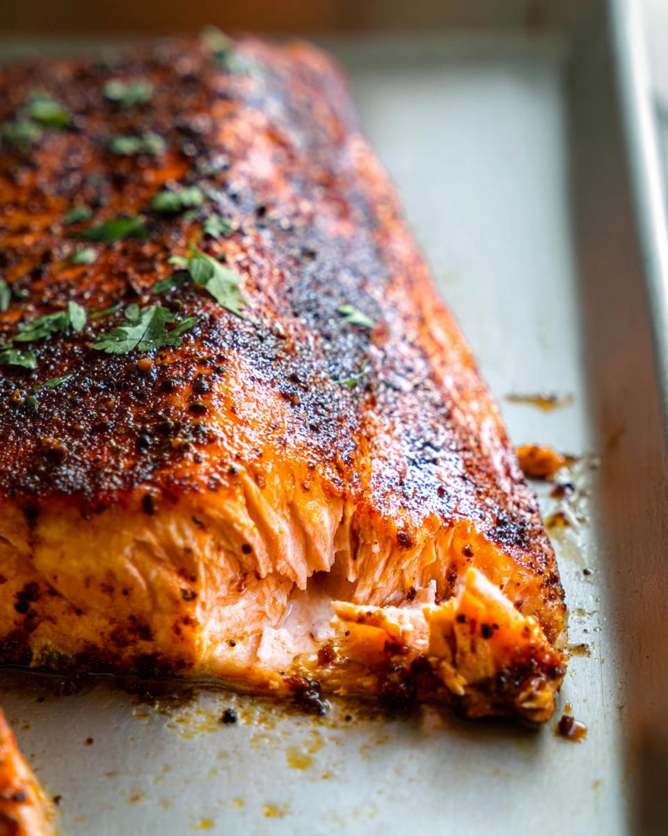 Close-up of a perfectly cooked salmon fillet with a crispy, seasoned crust and flaky interior.