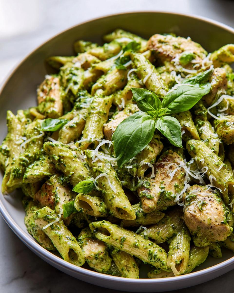 Close-up of penne pasta with chicken and vibrant green pesto sauce, garnished with basil and parmesan.