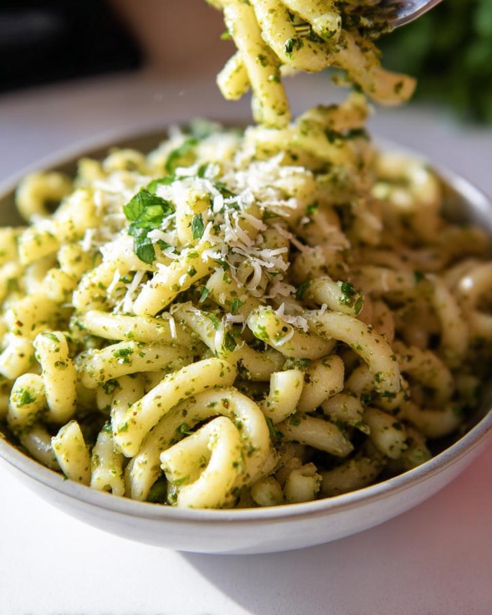 A bowl of freshly made pesto pasta, topped with grated parmesan cheese and fresh herbs. Perfect for quick pasta recipes.