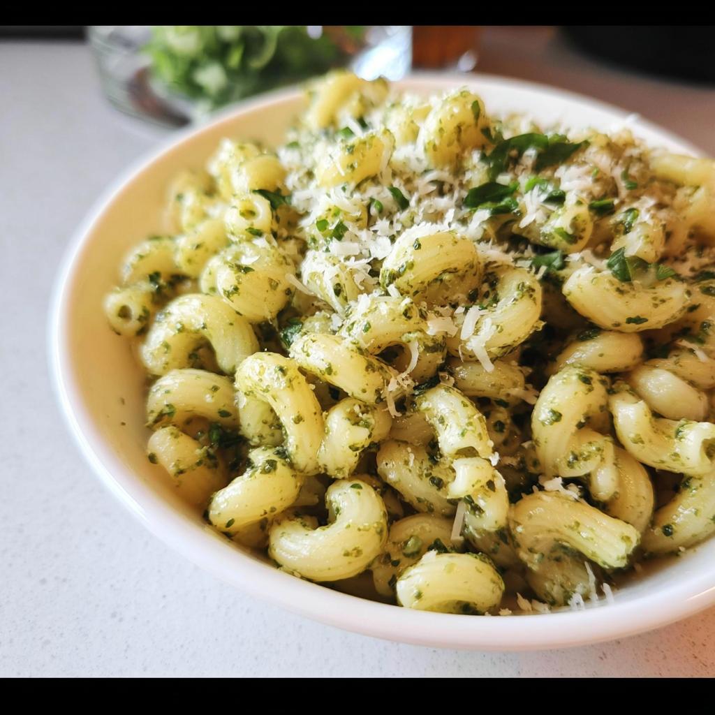 A close-up of a bowl of cavatappi pasta tossed with vibrant green pesto and topped with grated Parmesan cheese.