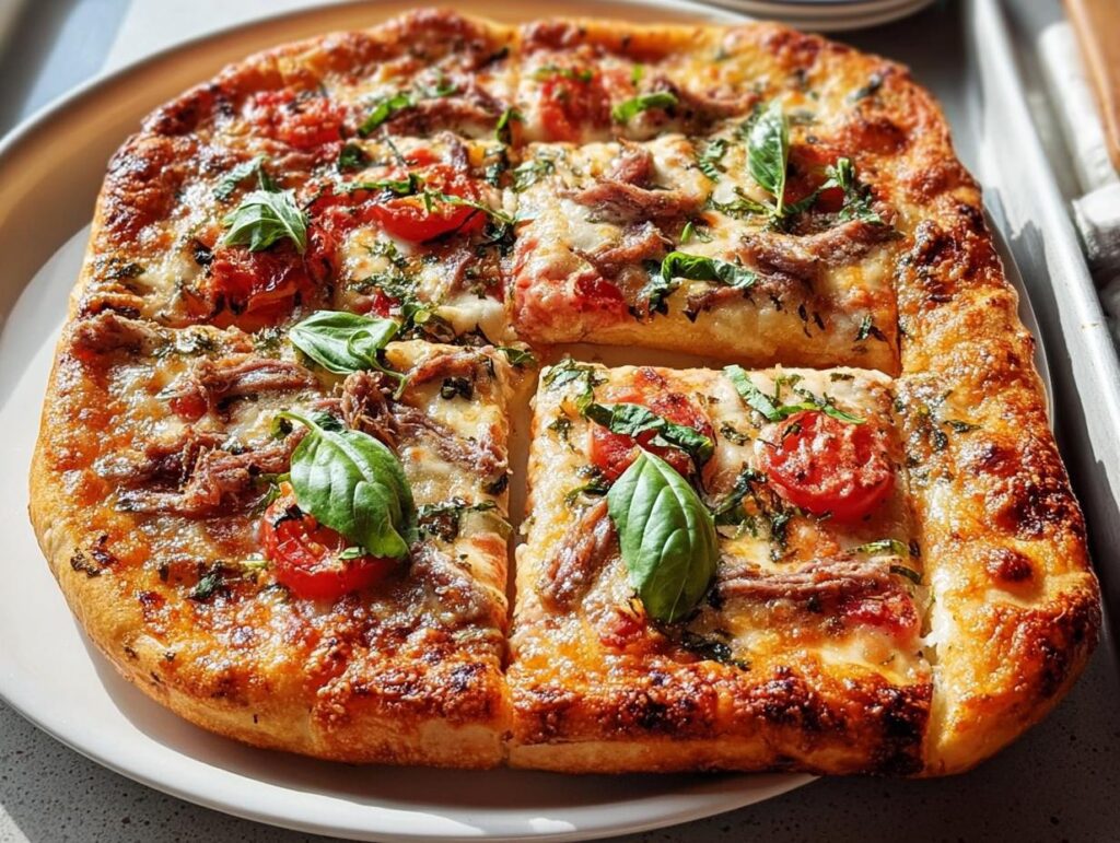 A delicious anchovy pizza, cut into squares, with melted cheese, tomatoes, and fresh basil, perfect for Pizza Night Recipes.
