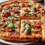 A delicious anchovy pizza, cut into squares, with melted cheese, tomatoes, and fresh basil, perfect for Pizza Night Recipes.