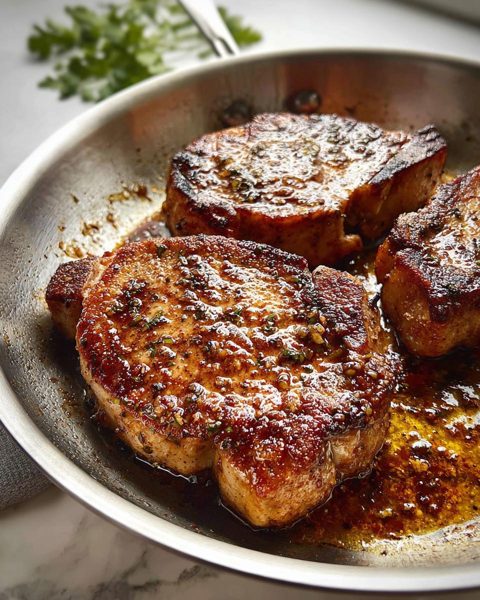 Three pan-seared pork chops in a skillet with a flavorful pan sauce, perfect for pork chops recipes meal prep.