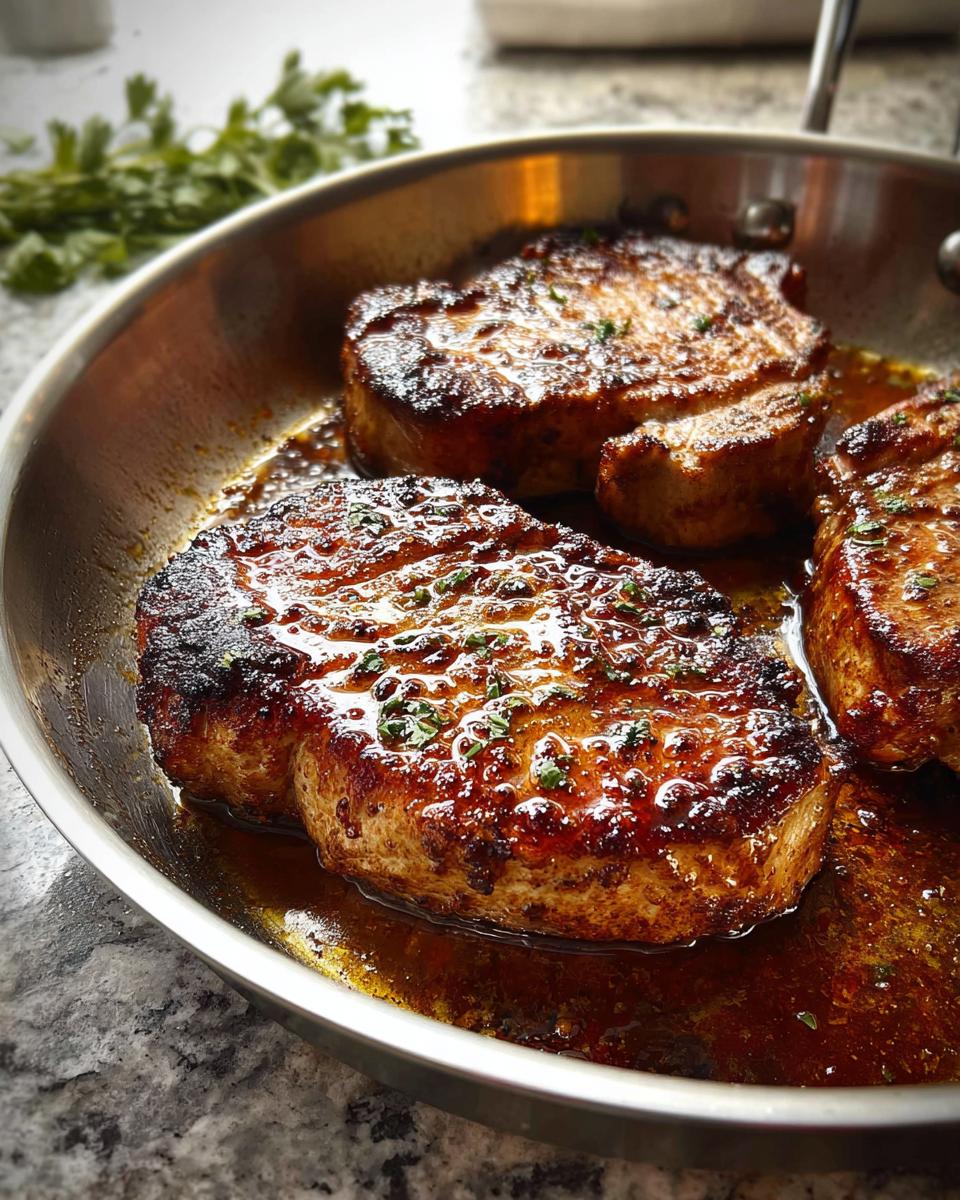 Three perfectly seared pork chops glistening in a pan sauce, seasoned and garnished with herbs. A great pork chops recipe for meal prep.