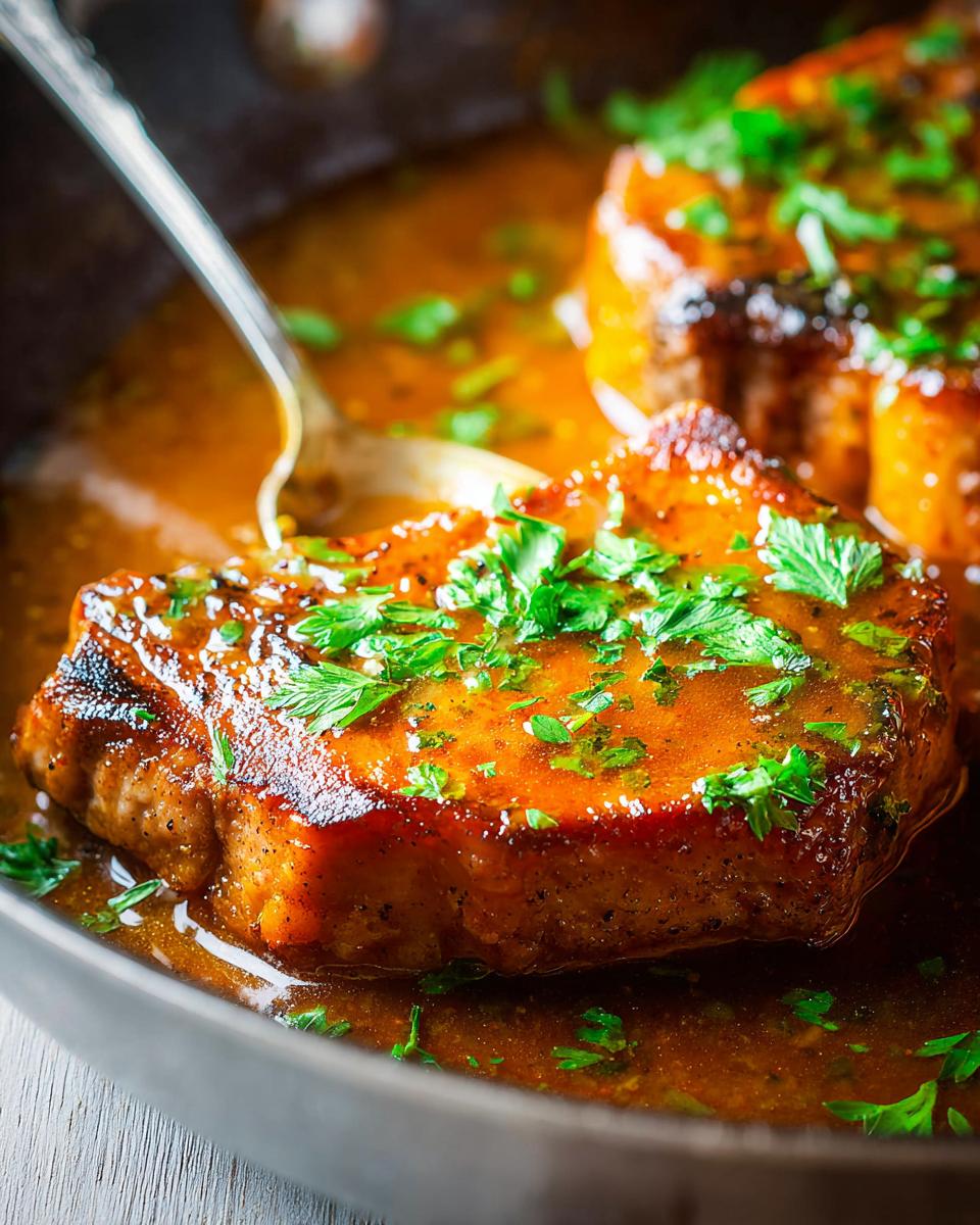 Close-up of juicy pork chops in a rich pan sauce, garnished with fresh parsley. A beginner-friendly recipe.