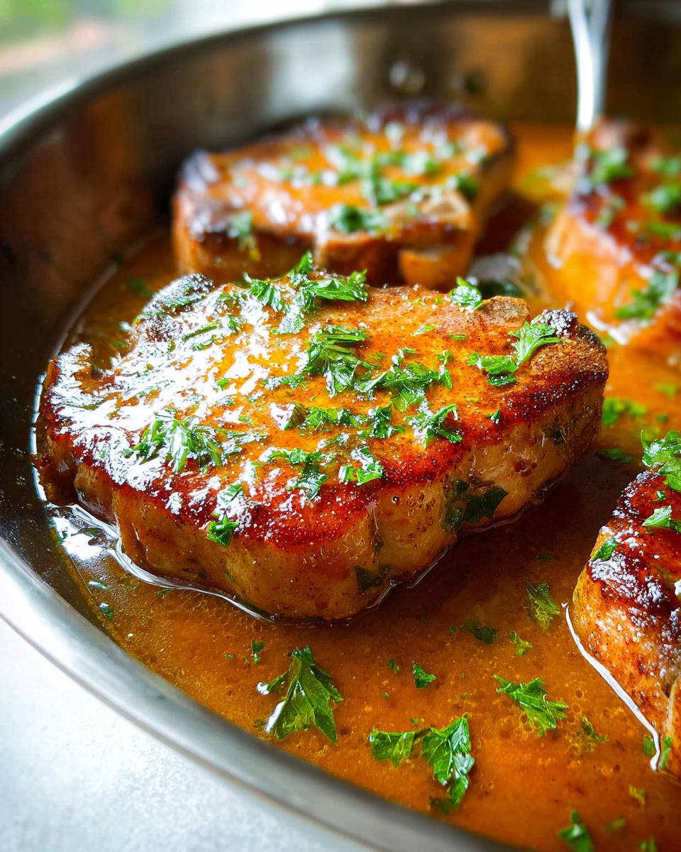 Close-up of pan-seared pork chops in a rich sauce, garnished with fresh parsley.