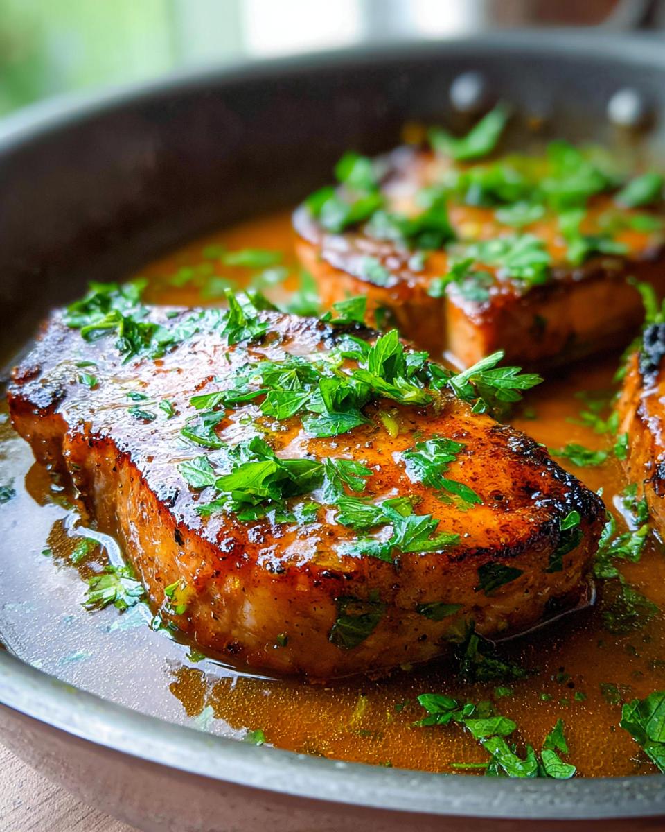 Close-up of pan-seared pork chops in a rich sauce, garnished with fresh parsley. The ultimate pork chops recipes guide for beginners.
