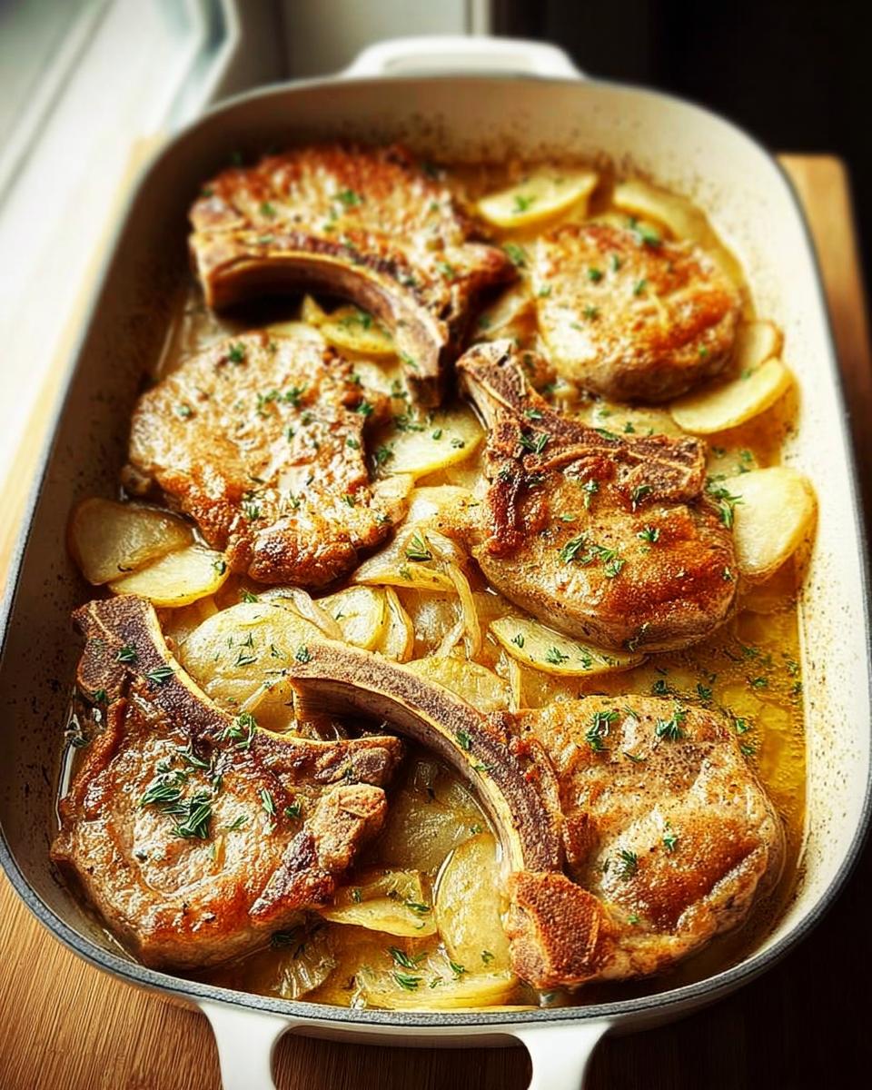 A close-up of baked pork chops nestled in thinly sliced potatoes, garnished with fresh thyme.