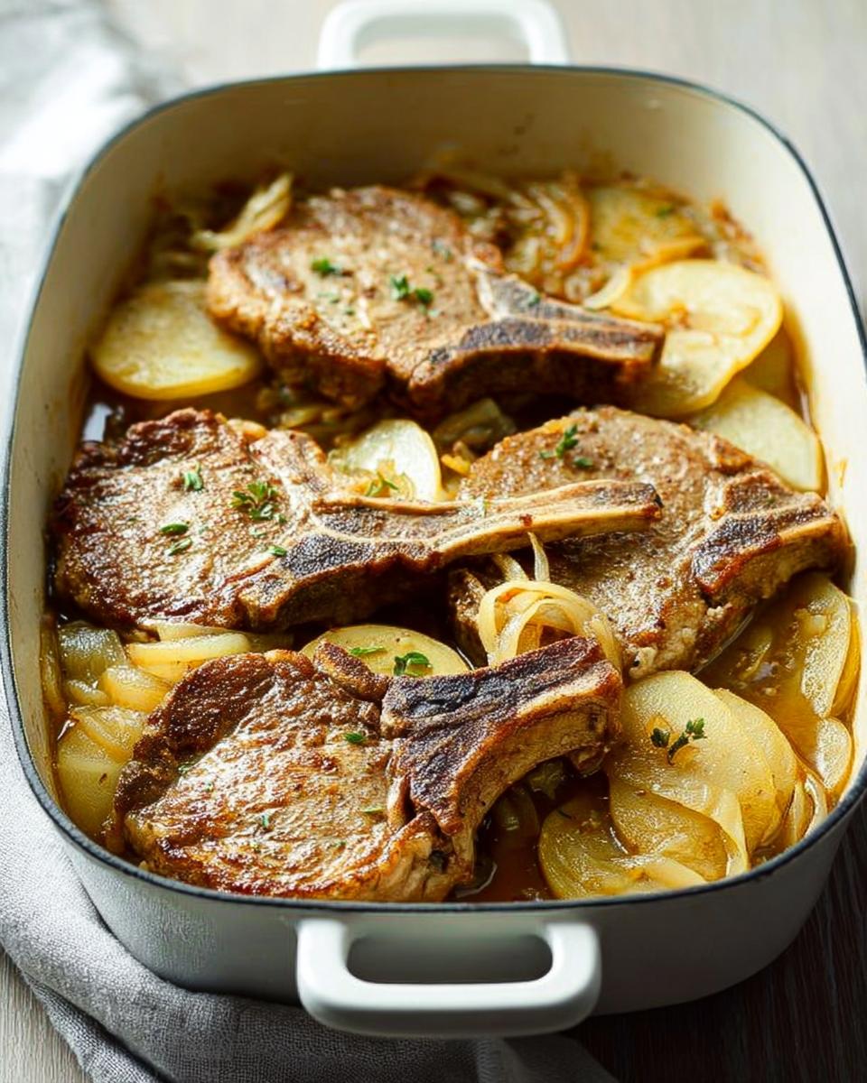 A close-up of tender pork chops baked with sliced potatoes and onions in a white casserole dish.