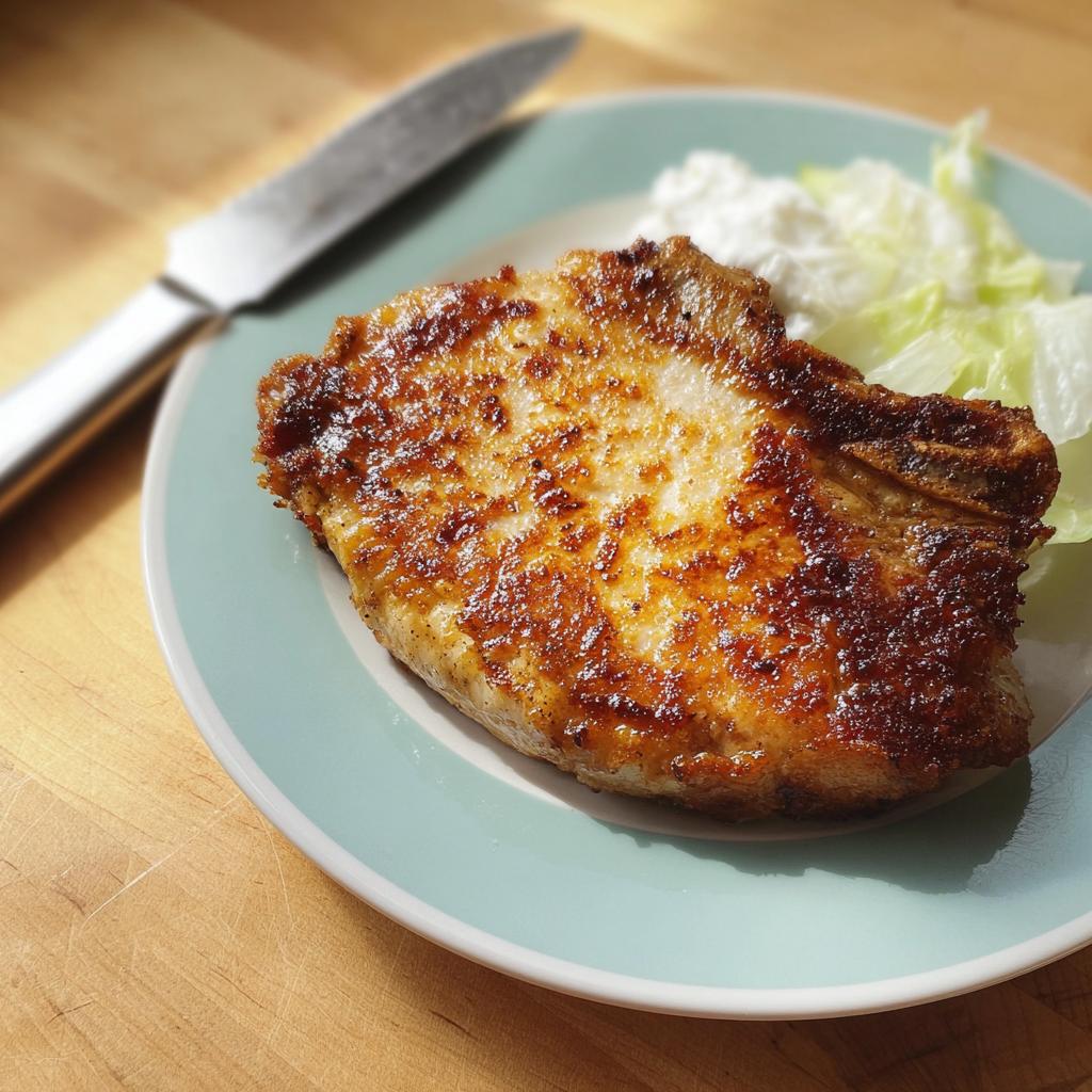 A perfectly cooked pork chop served with a side of lettuce and a dollop of sauce.