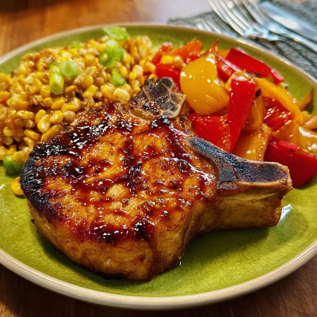 A perfectly cooked pork chop with a glossy glaze, served with seasoned corn and colorful bell peppers.