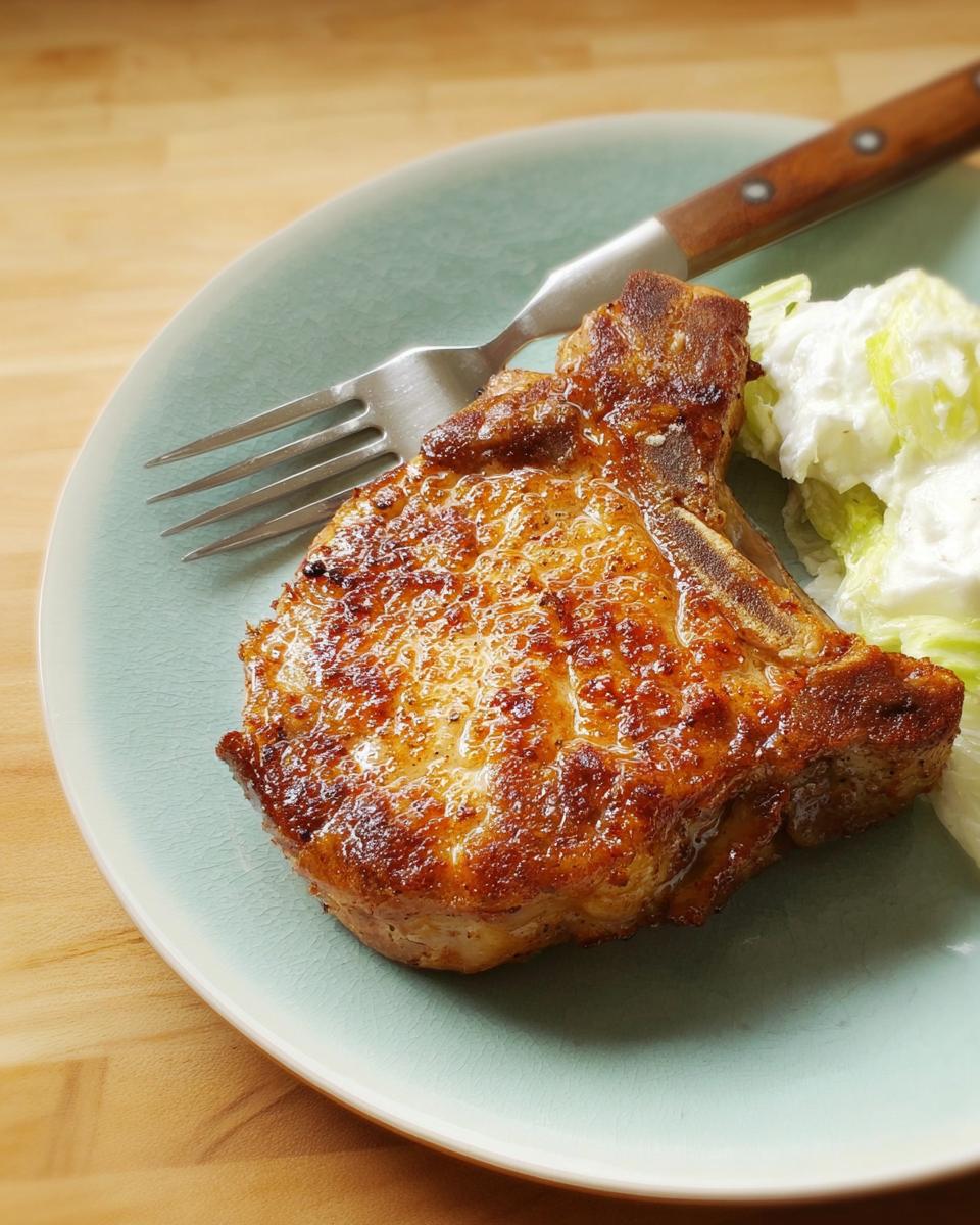 A perfectly cooked pork chop with a golden-brown crust, served with a side of coleslaw on a light blue plate.