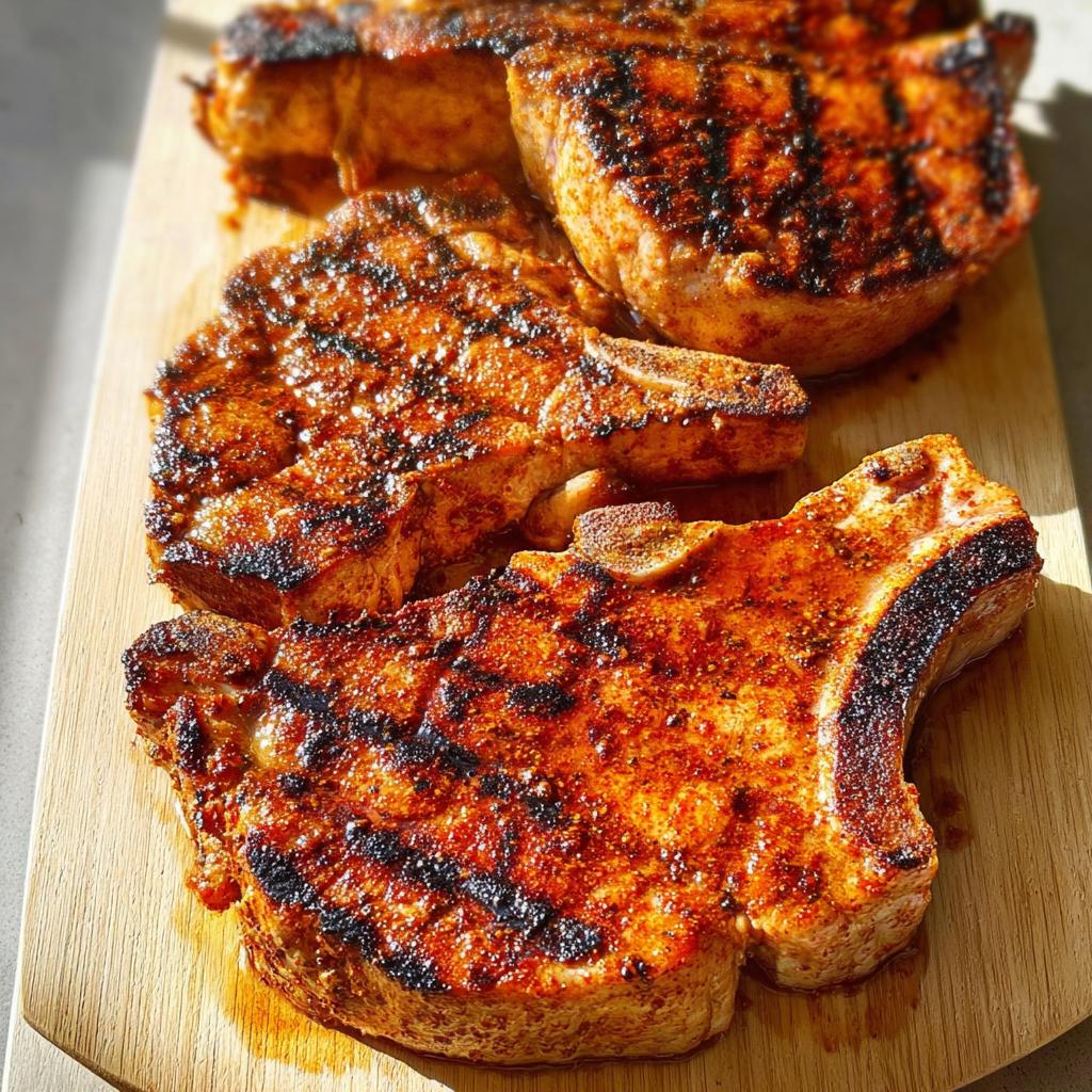 Close-up of perfectly grilled pork chops with char marks on a wooden cutting board. This is a great pork chops recipe.