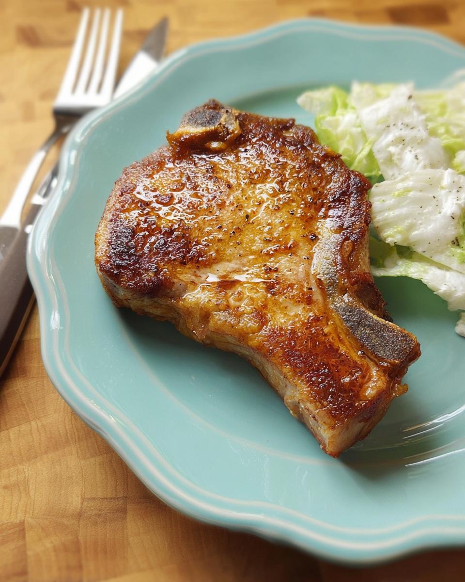 A perfectly cooked, juicy pork chop served with a side of fresh green salad on a blue plate.