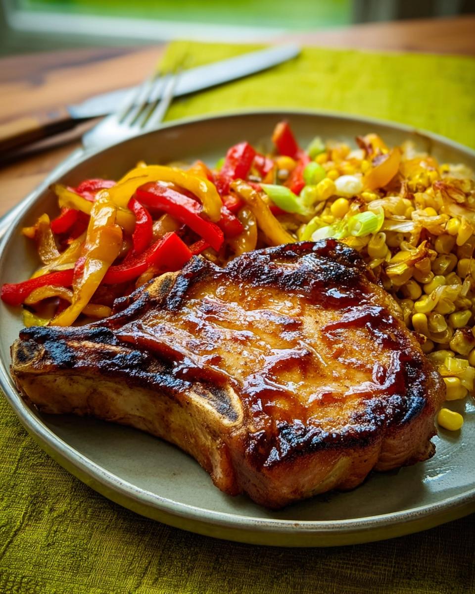 A perfectly cooked, glazed pork chop served with sautéed bell peppers and corn.