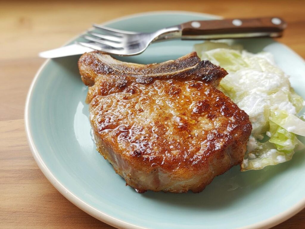 A juicy, pan-seared pork chop served with a side of creamy coleslaw on a light blue plate.